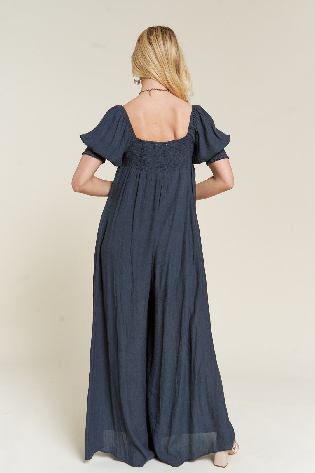 Smocked Neck Wide Leg Jumpsuit