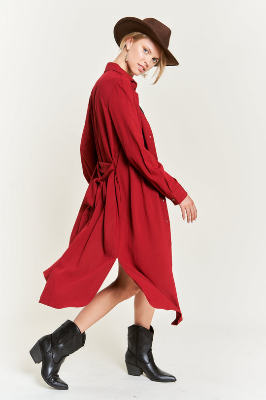 Solid Button-Down Belted Long Dress