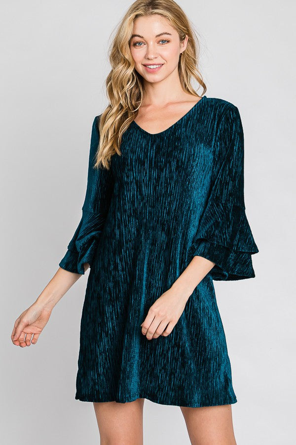 Velvet Bell Sleeve Layered Short Dress