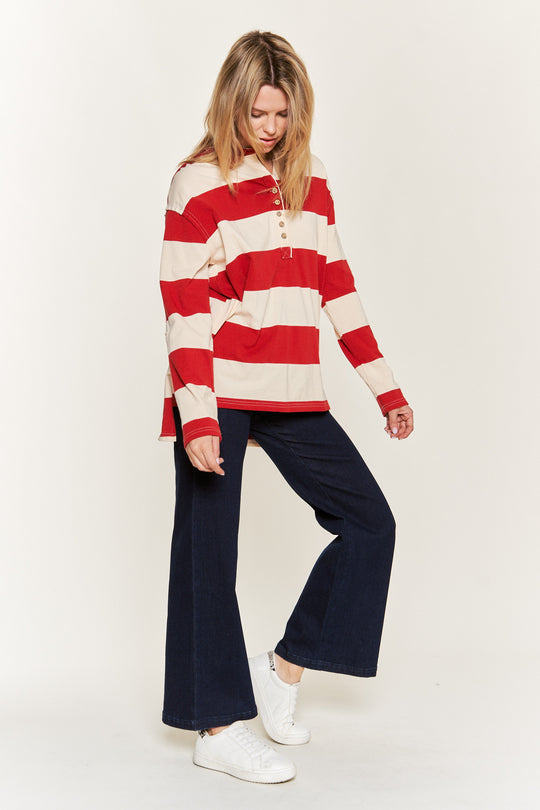 All-Over Striped Jersey Knit Long Sleeve Top